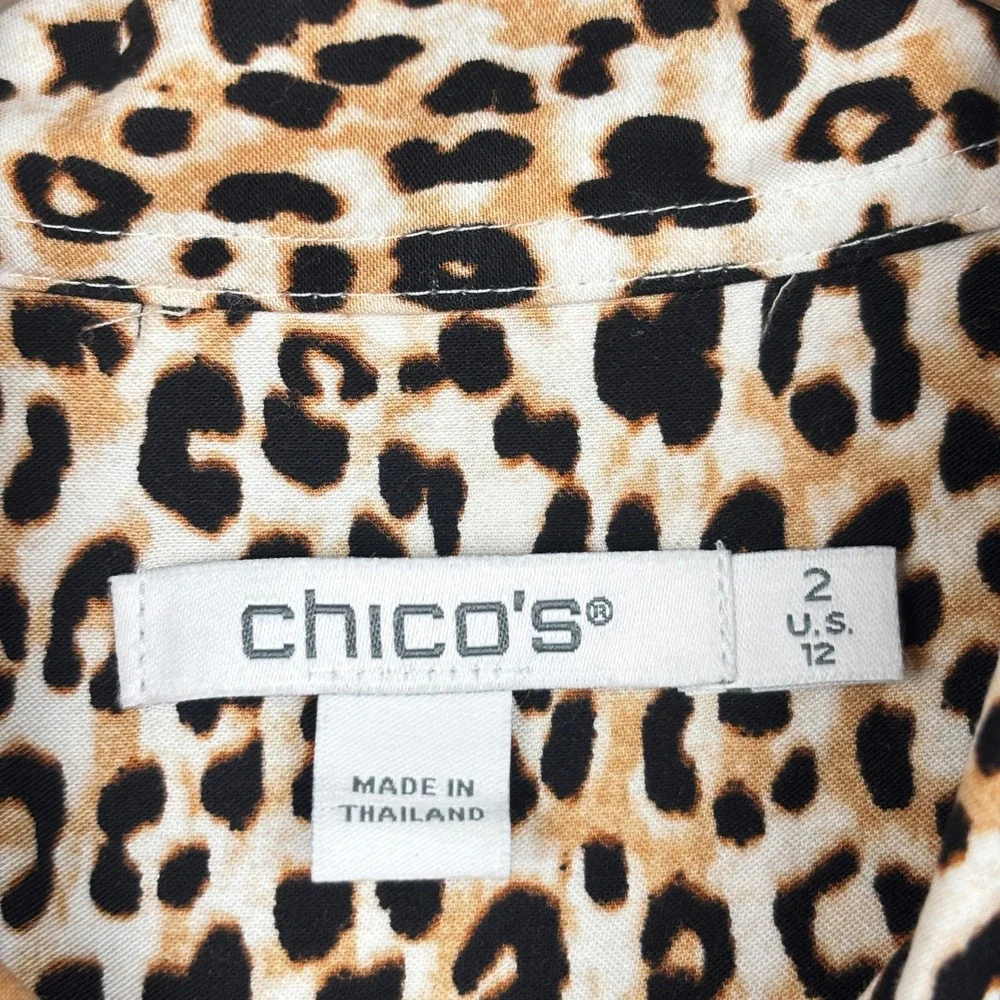 Chicos Blouse Womens 2 L 12 Leopard Print 3/4 Sleeve Button Front
